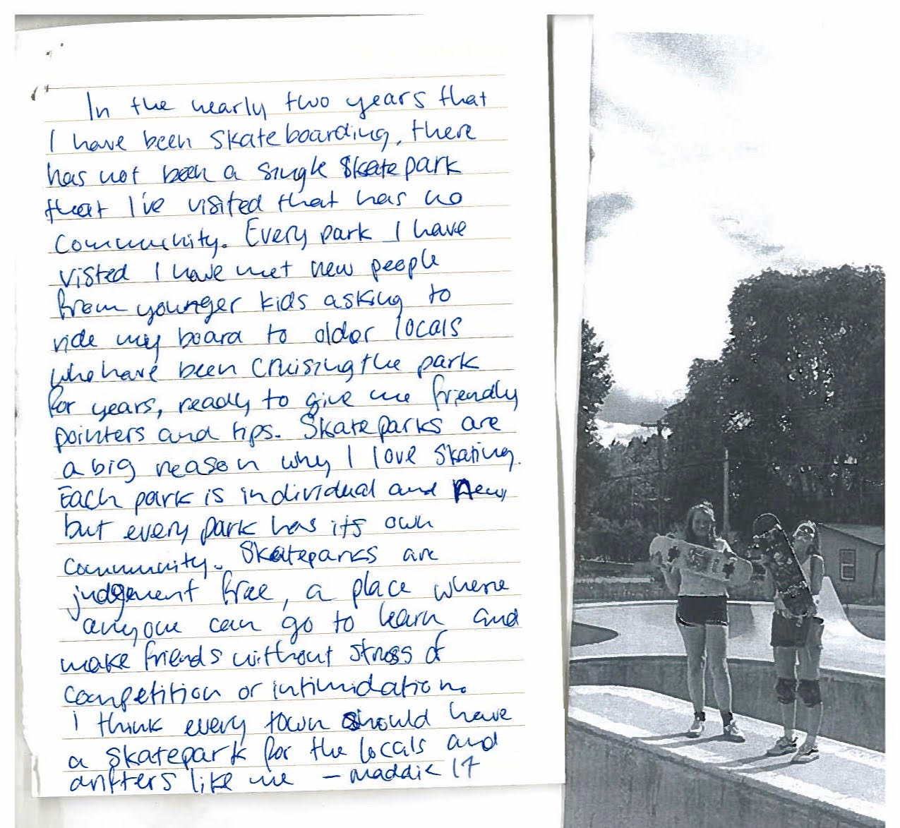 Written letter of support from a teen with description of why skating is important to the author, and a photo of two teenage girls holding skateboards at a skate park.